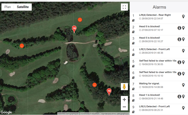 Une carte d’un terrain et des différentes alertes de votre tondeuse GPS-RTK