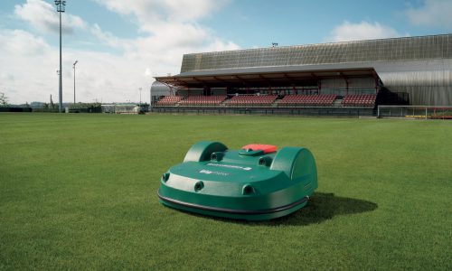 Terrain de foot, tondu par une tondeuse Bigmow 